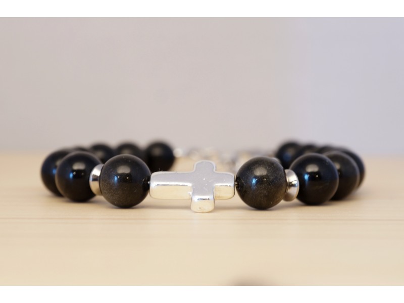 bracelet homme en obsidienne du Mexique, croix en plaqué argent bracelet homme en obsidienne du Mexique, croix en plaqué argent