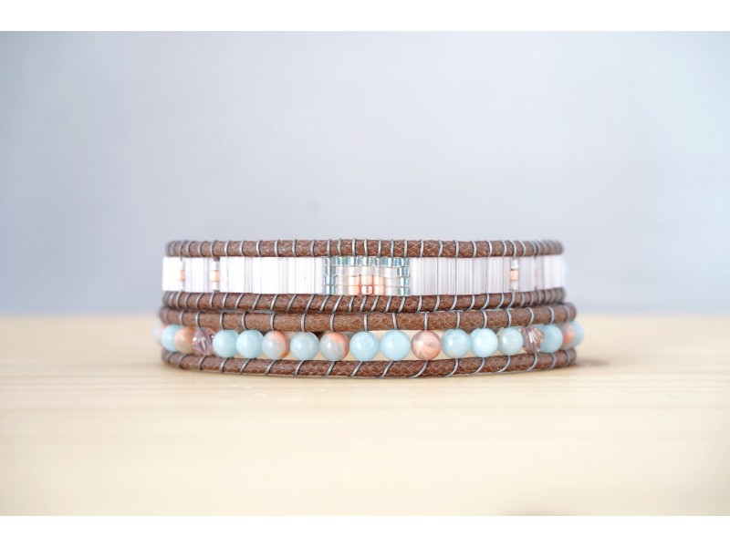 bracelet femme, pierres fines, jaspe impérial, miyuki et swarovski, rose poudre et bleu ciel bracelet femme, pierres fines, jaspe impérial, miyuki et swarovski, rose poudre et bleu ciel