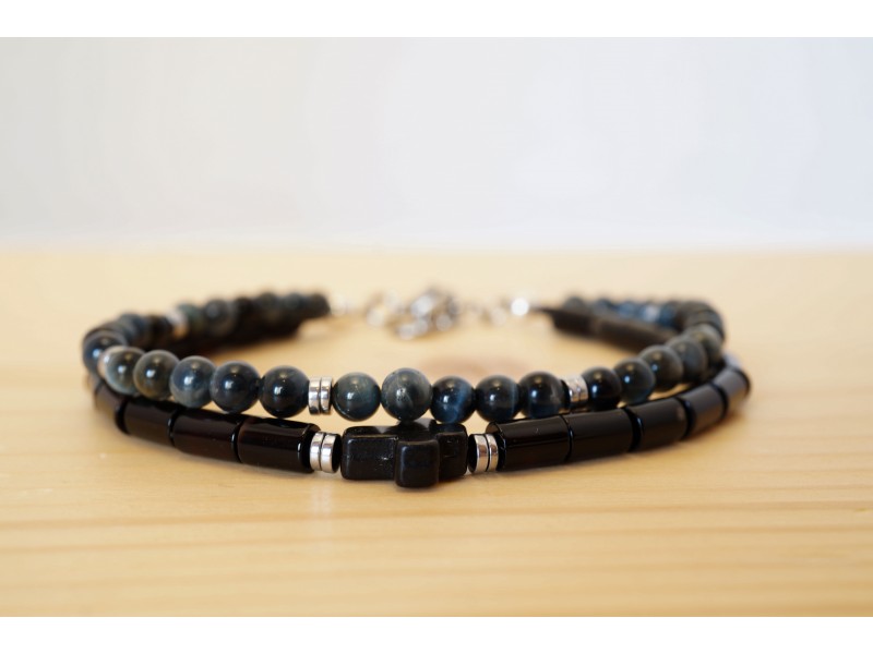 bracelet homme, oeil de tigre bleu, onyx, hématite, magnésite, noir bleu et argent bracelet homme, oeil de tigre bleu, onyx, hématite, magnésite, noir bleu et argent