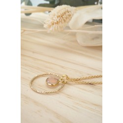 collier anneau martelé plaqué or, pierre naturelle, quartz rose, bijou femme