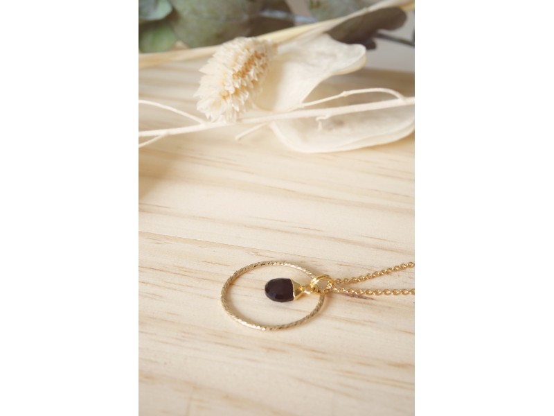 collier anneau martelé plaqué or, pierre naturelle, onyx, bijou femme