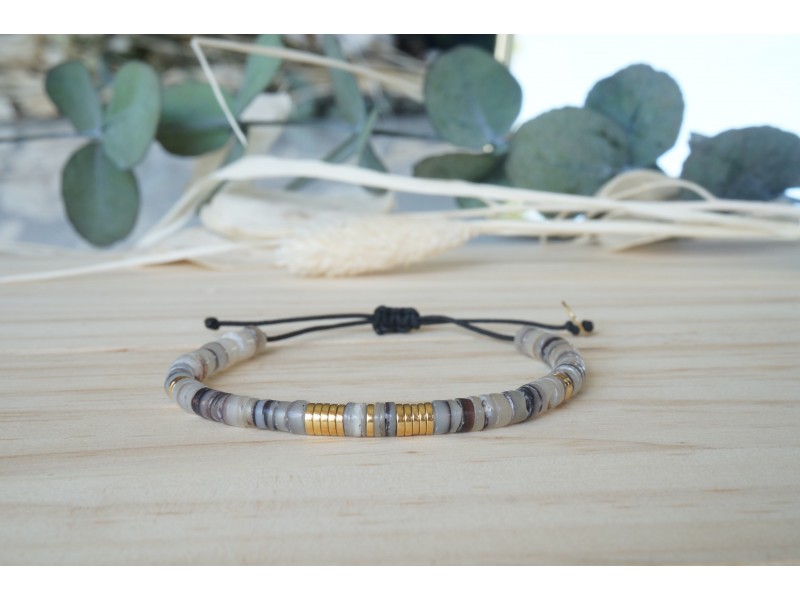 bracelet heishi, coquillage gris et or ,hématite bracelet heishi, coquillage gris et or ,hématite