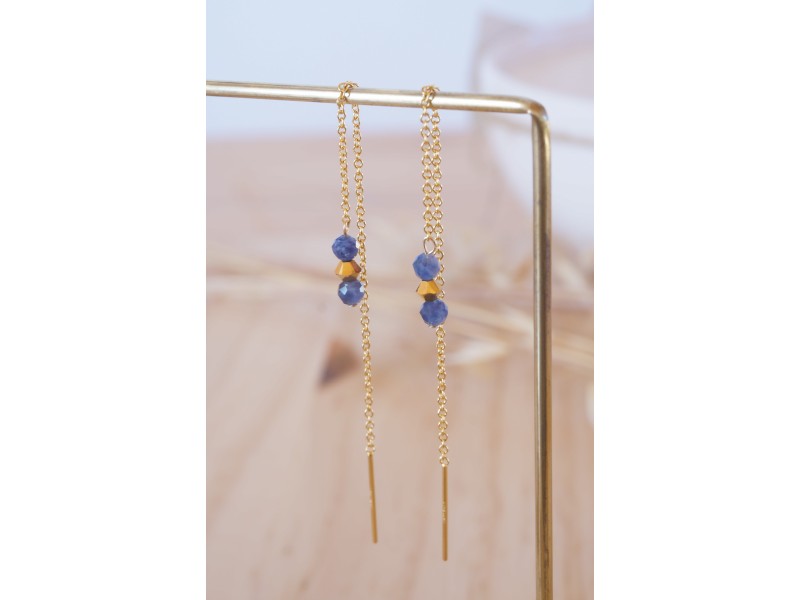 pendantes doubles, boucles d'oreilles plaqué or et pierre naturelle, sodalite bleu