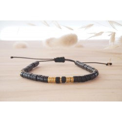 bracelet en pierre onyx noir et hématite or, heishi