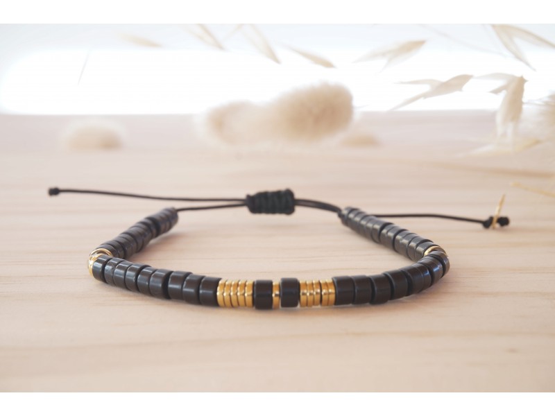 bracelet en pierre onyx noir et hématite or, heishi