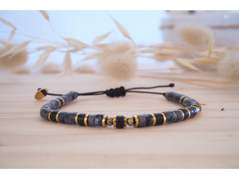 bracelet femme, pierres naturelles, onyx et hématite, heishi ,gris, noir et or