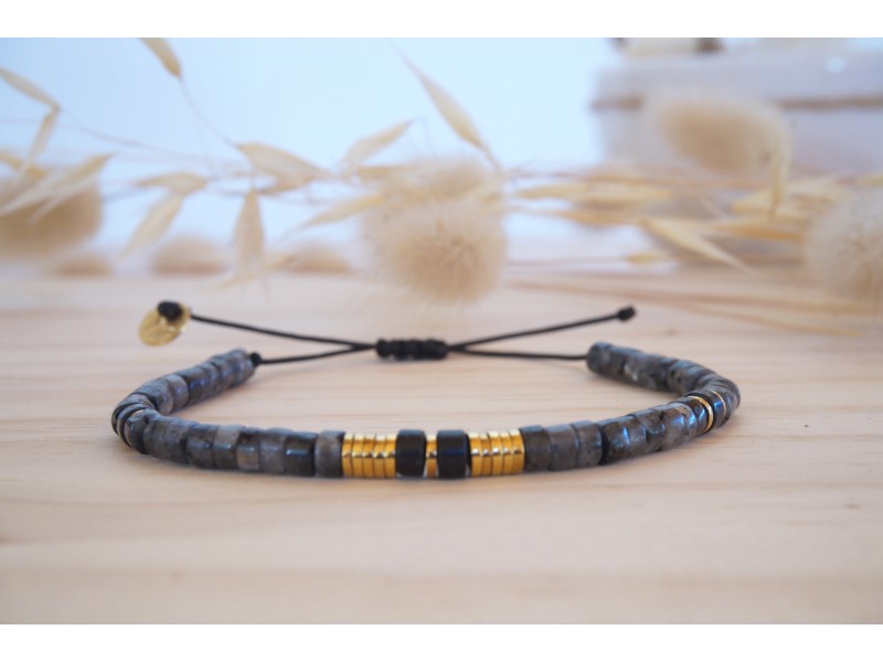 bracelet femme, pierres naturelles, onyx et hématite, heishi ,gris, noir et or
