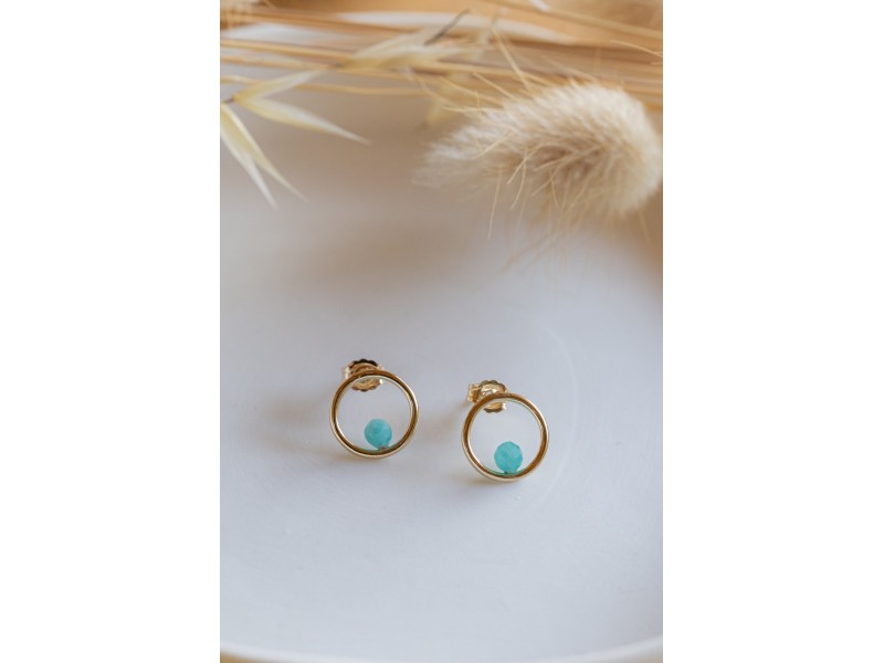 clou d'oreille rond, plaqué or, pierre naturelle amazonite, bleu turquoise