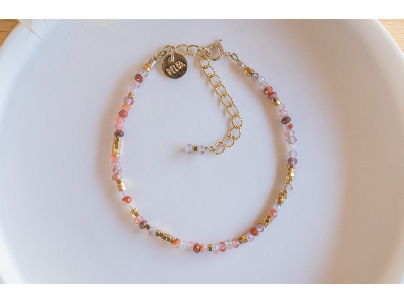 Bracelet en pierres naturelles agate multicolore dans des tons de rouge orangé  , bijou femme