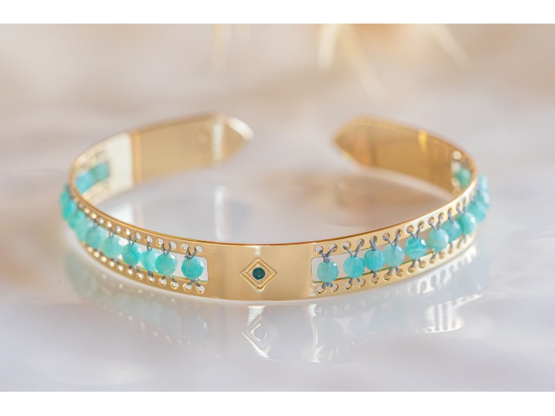 bijou femme, bracelet, jonc doré en pierres naturelles bleu turquoise, amazonite