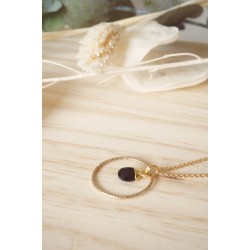 collier anneau martelé plaqué or, pierre naturelle, onyx, bijou femme