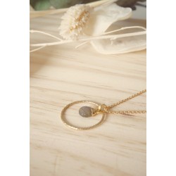 collier anneau martelé plaqué or, pierre naturelle, labradorite, bijou femme