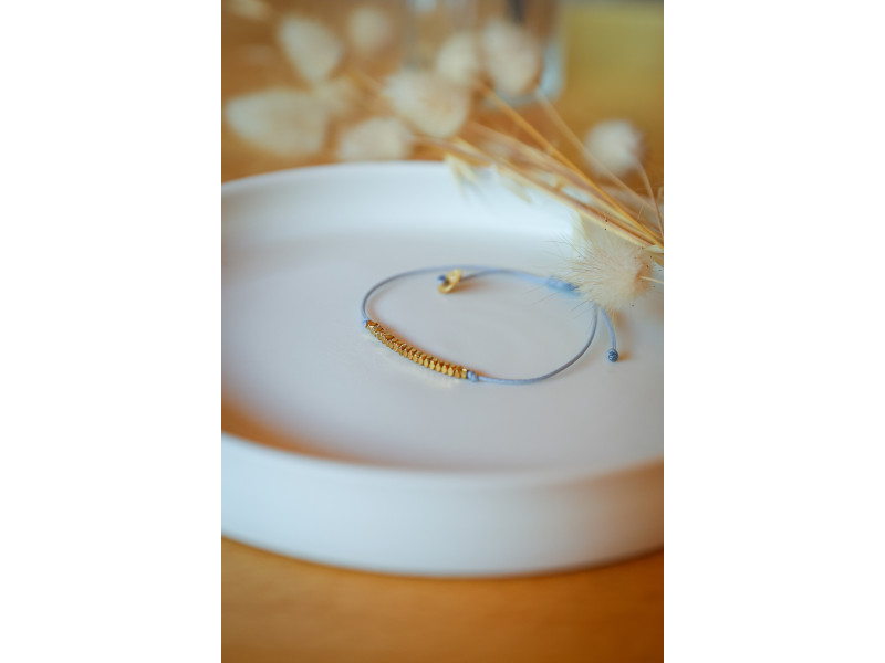 bracelet femme, hématite doré, cordon bleu gris