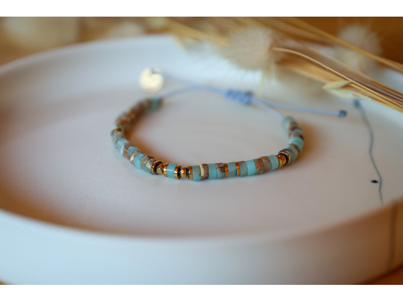 bracelet heishi, bleu turquoise et or , bracelet femme,  jaspe , bijoux été