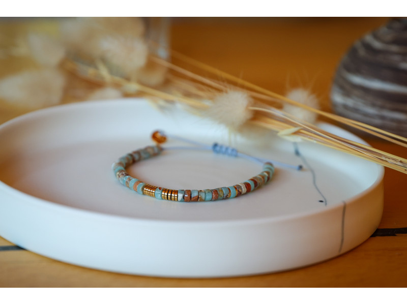 bracelet heishi, bleu turquoise et or , bracelet femme, jaspe , bijoux été