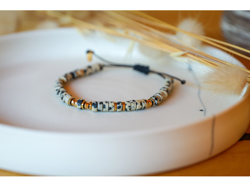 bracelet heishi, noir, beige et or , bracelet femme, jaspe dalmatien , bijoux été