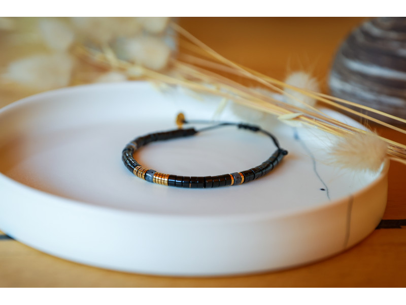 bracelet heishi, gris, noir et or , bracelet femme, labradorite et onyx