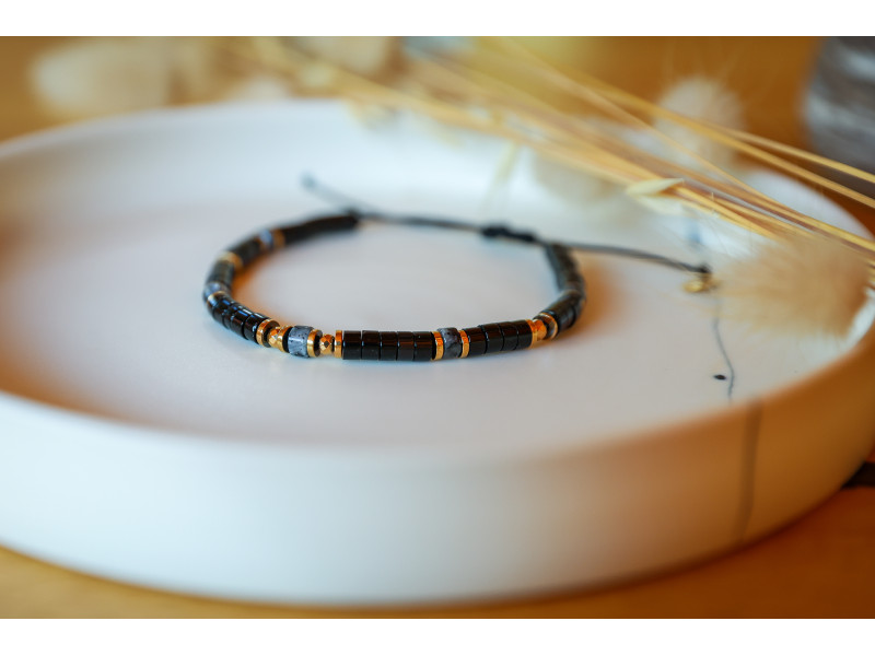 bracelet heishi, gris, noir et or , bracelet femme, labradorite et onyx