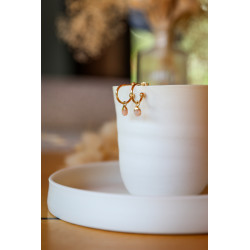 créoles, boucle d'oreille femme, pierre de lune rose, or , doré , saumon , nude