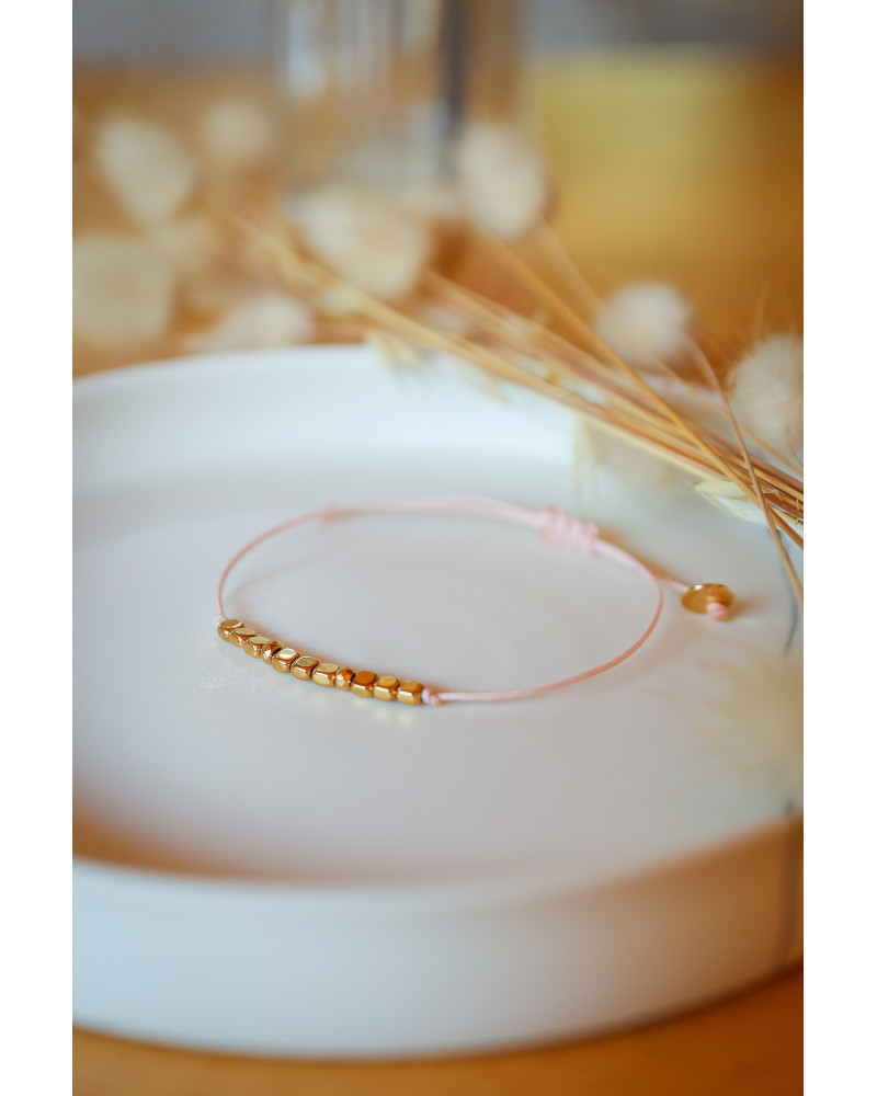 bracelet femme, hématite doré, cordon rose, bijou fin  , pierre naturelle, pierre fine