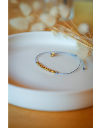 bracelet femme, hématite doré, cordon bleu gris