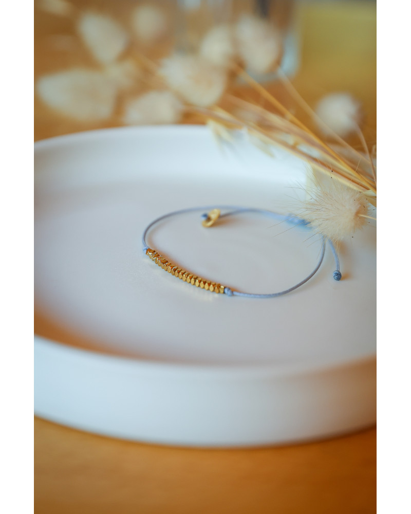 bracelet femme, hématite doré, cordon bleu gris