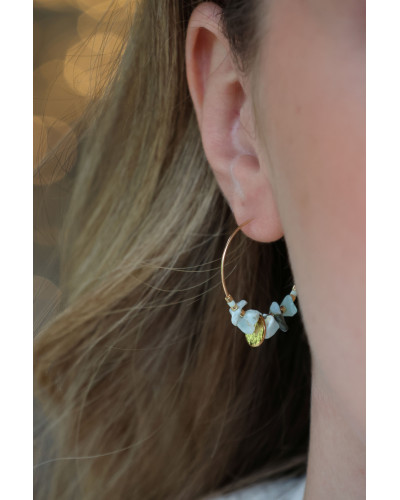 créoles en pierre fine larimar, boucle d'oreille femme, dorée et bleu ciel
