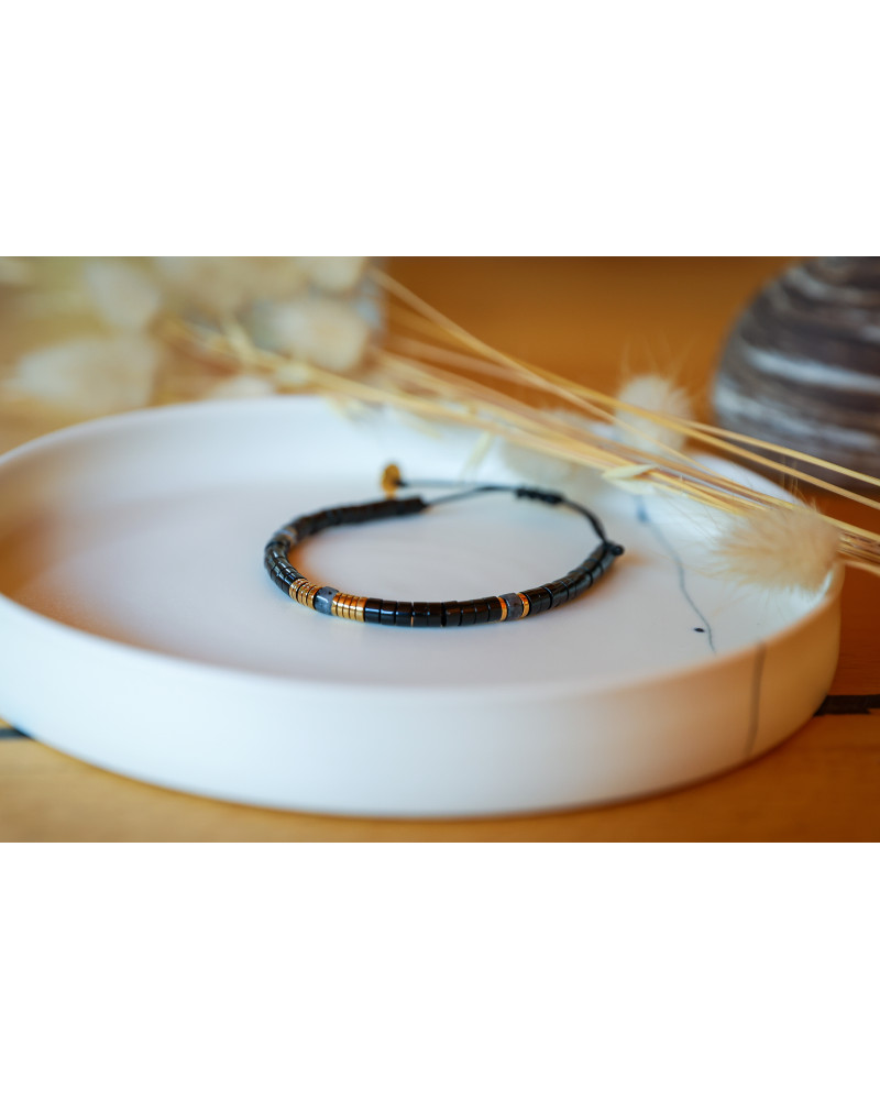 bracelet heishi, gris, noir et or , bracelet femme, labradorite et onyx